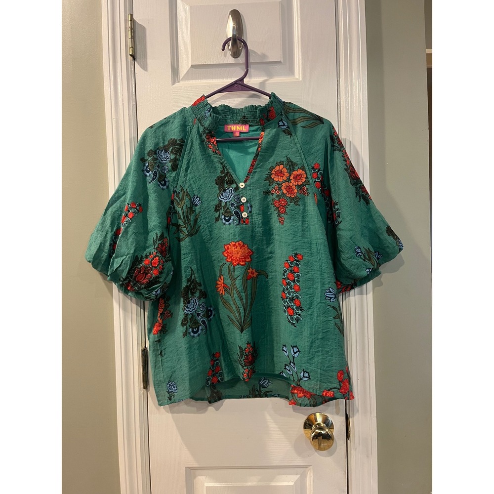 THML Green Floral Puff Sleeve Blouse Smocked Neck Button Front Top WCT2563-GN M